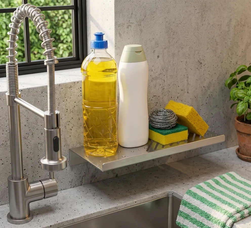 A peça na bancada da cozinha, com detergente e esponjas