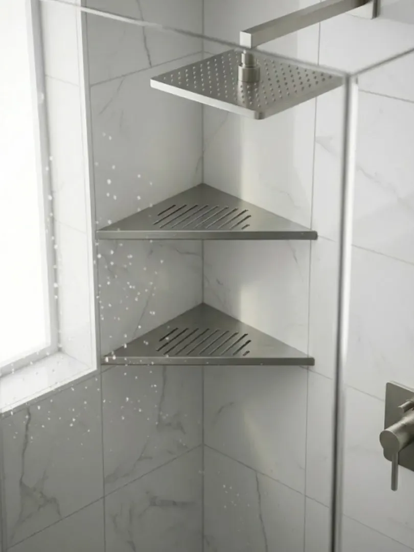 Kit Paris instalado: duas prateleiras de canto em inox no box do banheiro